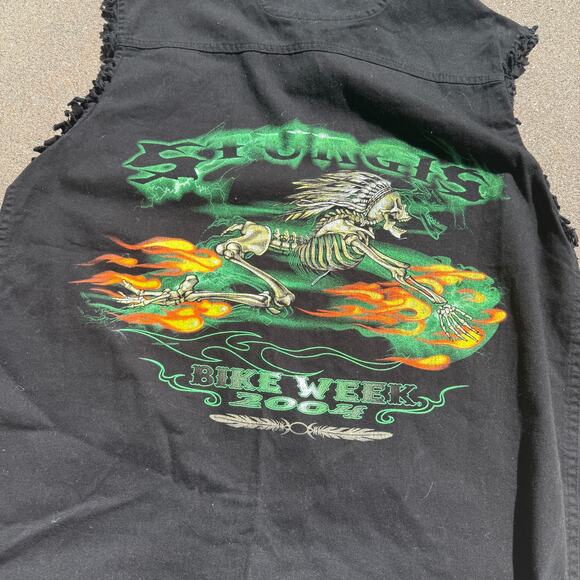 Men's Vintage 2004 Sturgis Bike Week Black Skeleton Flame Cut Off Vest Sz Medium - Picture 6 of 6